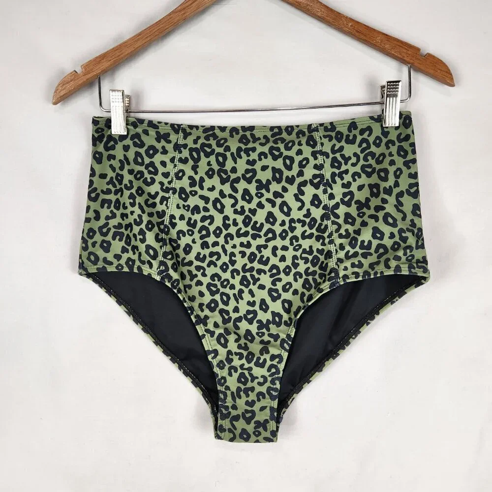 NWT Marina West Two Piece Swimsuit Women's L Olive Black Leopard Bikini UPF 50
